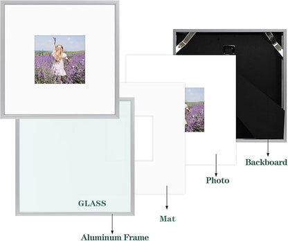Golden State Art, Gallery Wall Frame Set of 6 - Silver 8x8 Aluminum Photo Frames with Mat for 4x4 Pictures - 8 x 8 inch Metal Frame with Real Glass Cover - Elegant Home or Office Decor