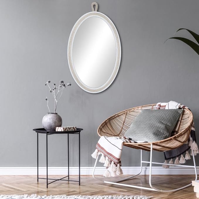 Oval Mirrors for Wall Decor Small White Nautical Rope Mirror Hanging Decorative Beach Coastal Mirror,24''Lx16''W,Oval
