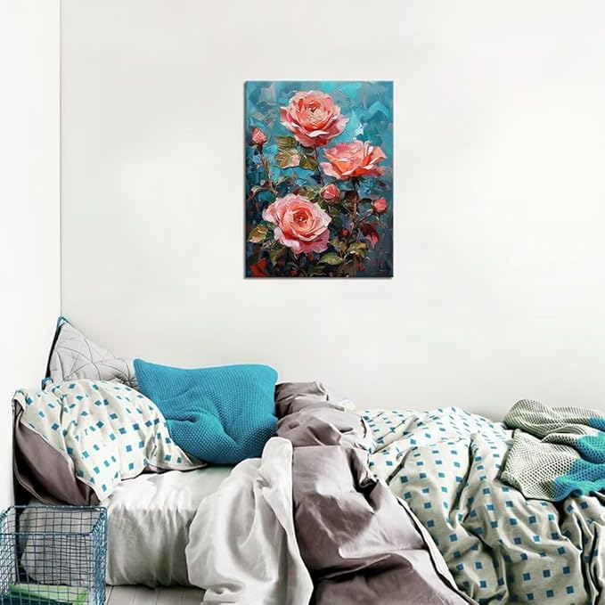 Wall HDQ Red Roses Oil Painting Modern Flowers Canvas Painting Artwork for Living Room Bathroom Bedroom Home Decorations Framed