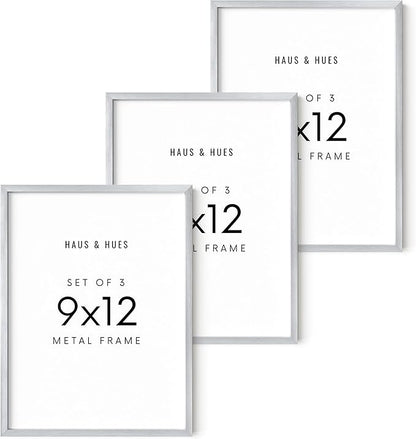 HAUS AND HUES 9x12 Silver Metal Picture Frames - Features Premium Aluminum, Vertical & Horizontal Hang, Shatterproof Plexiglass - Perfect for Home, Room, Office (9x12 in, Silver, Set of 3)