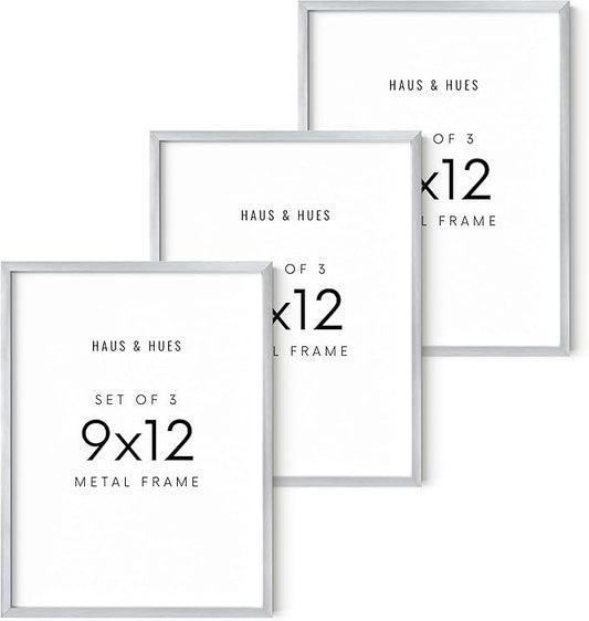 HAUS AND HUES 9x12 Silver Metal Picture Frames - Features Premium Aluminum, Vertical & Horizontal Hang, Shatterproof Plexiglass - Perfect for Home, Room, Office (9x12 in, Silver, Set of 3)