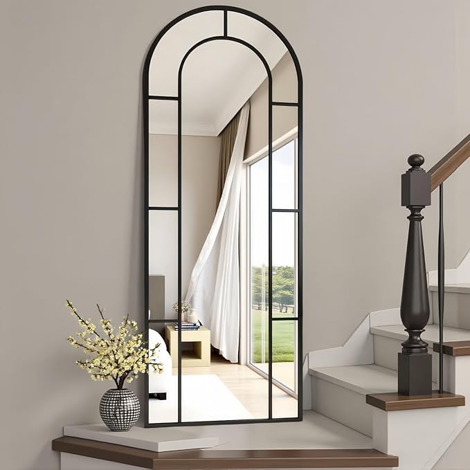 Prywot Full Length Mirror, 56"x22" Arched Window Pane Mirrors for Wall Decor, Black Full Body or Wall Mounted Mirrors, Farmhouse Standing Mirror Hanging or Leaning for Living Room, Entryway, No Stand