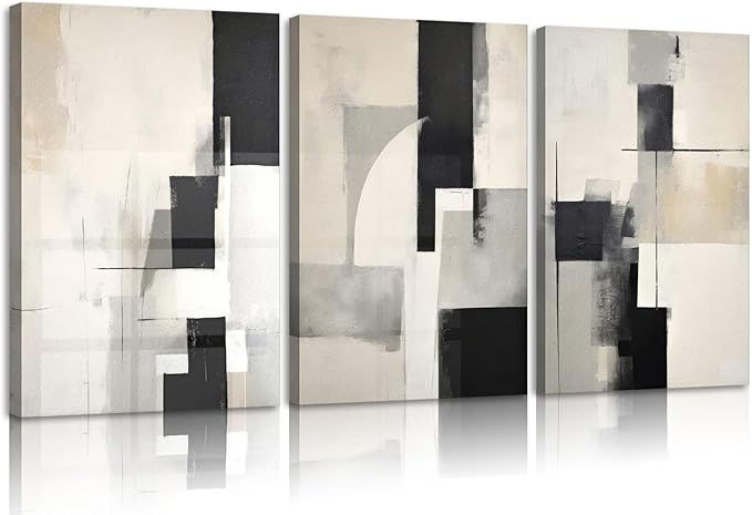 3Pcs Framed Neutral Abstract Canvas Wall Art Pictures Modern Minimalist Posters Prints Beige Black Brown Simple Wall Decoration for Living Room Bedroom Bathroom Office 16x24in