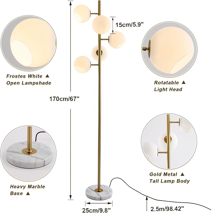 BOKT Gold Mid Century Modern Floor Lamp 5-Lights Glass Globe Floor Lamp Antique Brass Floor Lamps Contemporary Tall Free Standing Reading Lamp for Bedroom Living Room