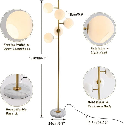 BOKT Gold Mid Century Modern Floor Lamp 5-Lights Glass Globe Floor Lamp Antique Brass Floor Lamps Contemporary Tall Free Standing Reading Lamp for Bedroom Living Room