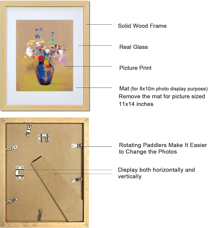 11x14 Picture Frame Made of Solid Wood Photo Frame with Real Glass for Pictures 8x10 with Mat or 11x14 Without Mat, Wall Mount or Tabletop Gallery Photo Frames,Natural,2 Pack