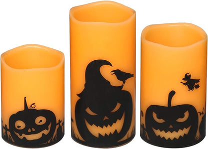 Pumpkin Flameless Candles Battery Operated with 6 Hour Timer, Set of 3 Real Wax LED Flickering Pillar Candles Spooky Halloween Decor Candle(3 x 4, 5, 6 Inches)