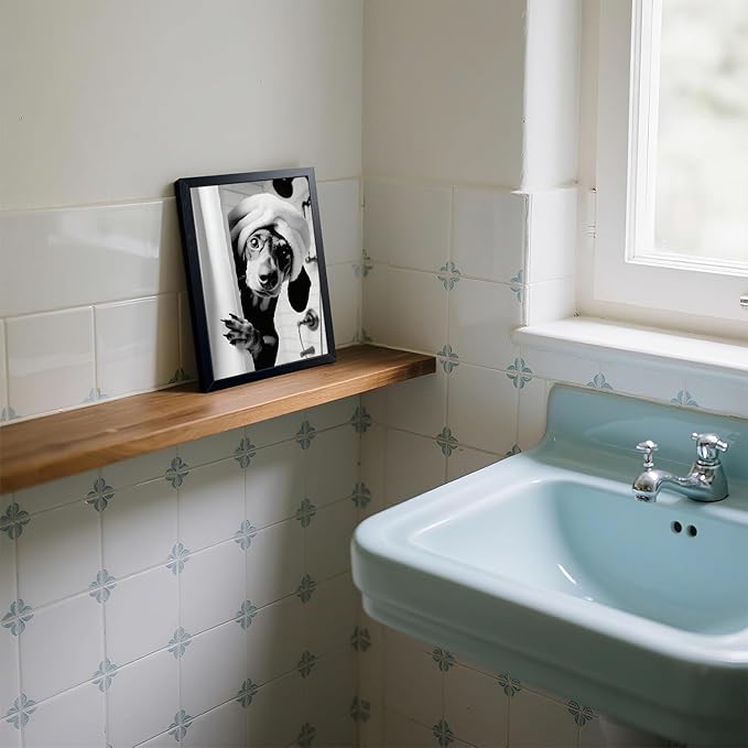 XYHYRA Black and White Bathroom Wall Art, Funny Dachshund Canvas Prints Poster, Cute Animal Wall Decor Picture, Modern Farmhouse Restroom Bathroom Home Decoration 8x10 Inch Wood Framed
