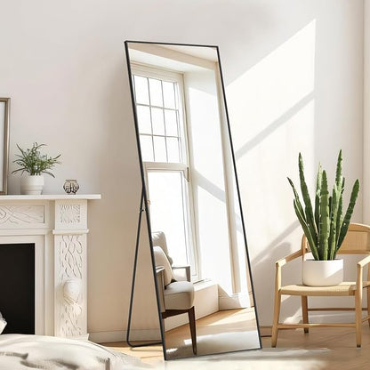 Full Length Floor Mirror, 15.75"x59" Full Body Standing Mirrors with Shatter-Proof Glass, Floor or Wall Mount, Hanging or Leaning, Aluminum Alloy Frame for Home Decor, Black