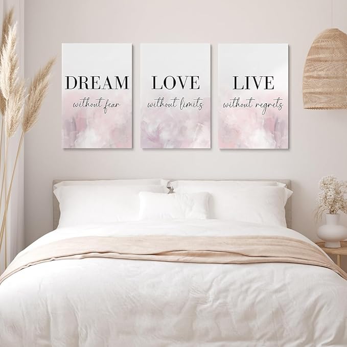 GUBIYU Dream Love Live Quotes Posters Print Set of 3 Pink Purple Love Quotes Wall Art, Dream Without Fear, Live Without Regrets Inspirational Wall Decor 16"X24"
