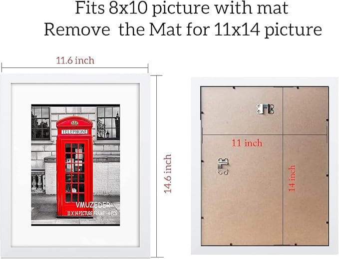 11x14 Picture Frame Rustic White Set of 6,Display Pictures 8x10 with Mat or 11x14 Without Mat,Multi Photo Frames Collage for Wall or Tabletop Display