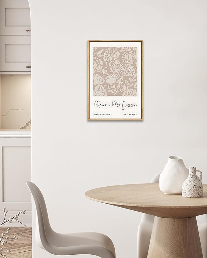 Zzuyi Framed Matisse Neutral Wall Art,Beige Abstract Floral Matisse Canvas Wall Decor,Abstract Modern Minimalist Prints for Bathroom, Living Room, Dining Room 12x16in