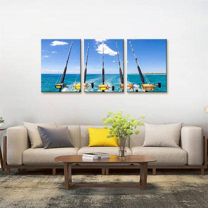 3 Pieces Canvas Wall Art Row of Five Fishing Rod and Reel Pictures Blue Seascape Wall Paintings for Living Room Bedroom Fishing Tackle Artwork HD Prints Modern Home Decor Framed - 12"x16"x3 Panel