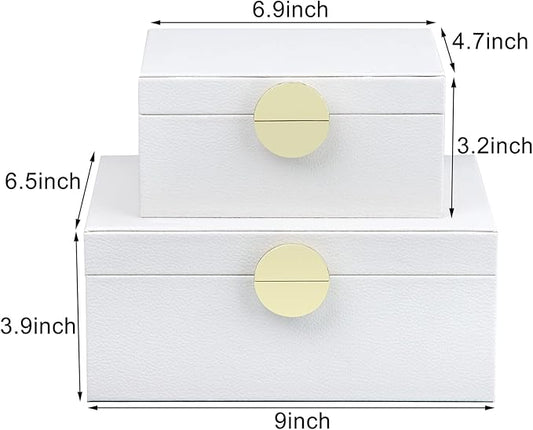 HofferRuffer Faux Leather Jewelry Boxes, Decorative Boxes Storage Accessory Organizer with Gold Hardware Decor, Classic Vegan Leather Set of 2 Pieces (White)