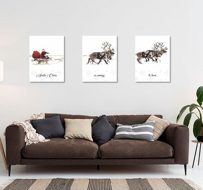 Christmas Wall Art Framed Prints 12x16 Santa Claus Reindeer Sleigh Decoration Aesthetic Ready to Hang Decor Large Xmas Posters Canvas Room Decor Artwork Living Room Set Of 3