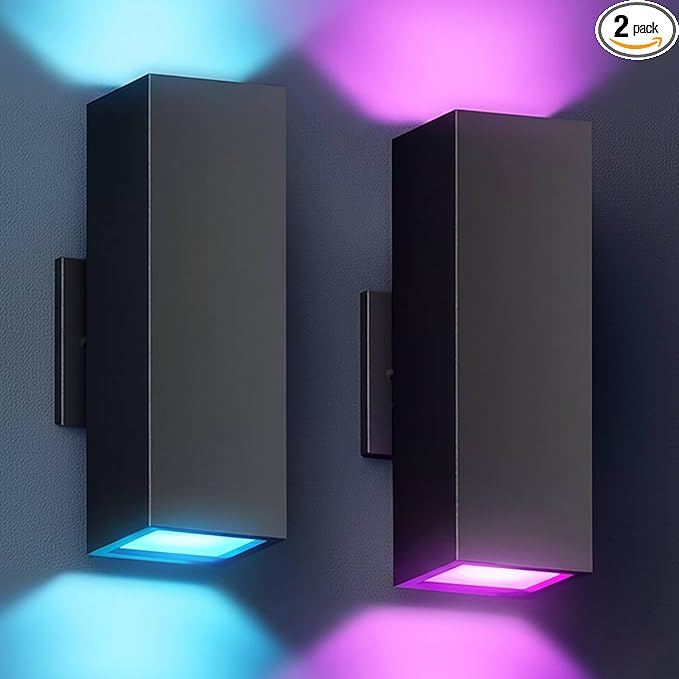 KIZON Smart Porch Lights 2 Pack, Modern Dusk to Dawn Exterior Lighting Fixtures Color Changing App Control with Remote, Dimmable RGB Outdoor Wall Lights for House Patio Garage Theater, ETL Listed