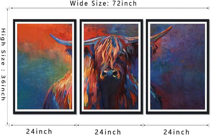 Vibrant Highland Cow Framed Canvas Wall Art Abstract Cow Portrait Poster Wall Decor for Country Apartment Living Room Office Nursery Scottish Cattle Artwork Decoration Easy to Hand 24x36inchx3pcs