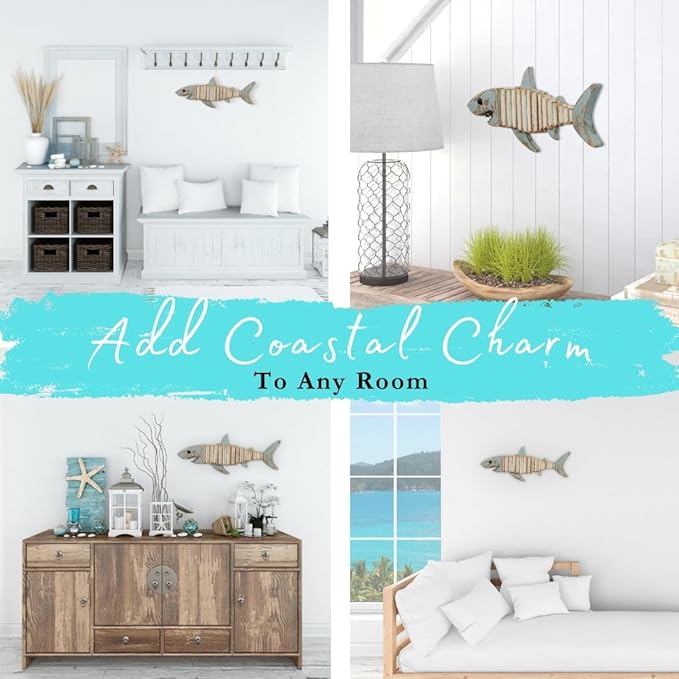 Driftwood Fish Nautical Wall Decor - Handmade Wooden Rustic Coastal Wall Art for Living Room, Bedroom, Office, Bathroom - Ocean Beach Decoration (Raya)