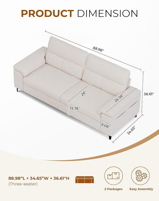 Upvilla 88.97" Modern Couches for Living Room, Deep Seat Sofa with 8” Cushion, Comfy 2-Seater Chenille Loveseat Sofa with Convertible Armrest, Removable Sofa Cover, High Leg (Beige)