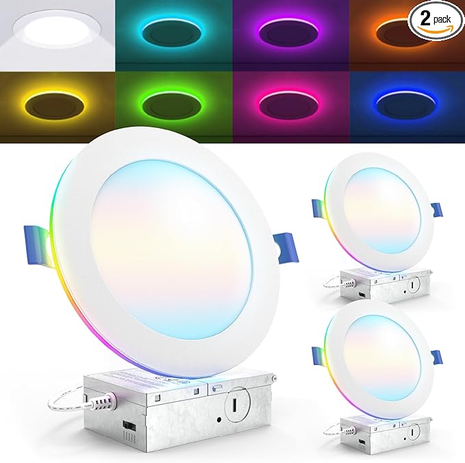 Sunco 2 Pack 6 Inch Smart Ultra Thin LED Recessed Ceiling Lights with Night Light, Tunable CCT 2700K to 6000K, Dimmable, 15W, Smooth Trim, Canless with Junction Box.