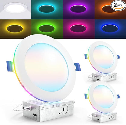Sunco 2 Pack 6 Inch Smart Ultra Thin LED Recessed Ceiling Lights with Night Light, Tunable CCT 2700K to 6000K, Dimmable, 15W, Smooth Trim, Canless with Junction Box.