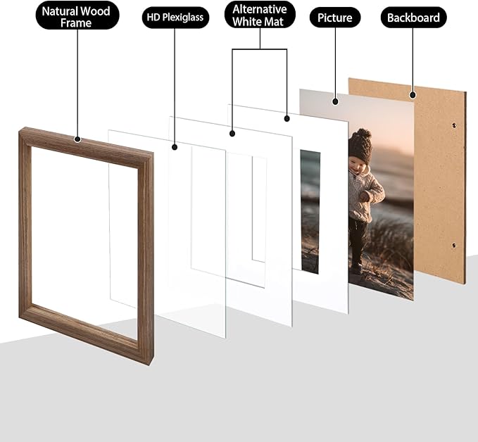 KINLINK 11x14 Picture Frame Brown Wood, Solid Wood Frames with Acrylic Plexiglass for Pictures 5x7/8x10 with Mat or 11x14 without Mat, Tabletop and Wall Display, Set of 4
