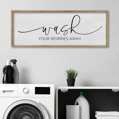 FZMHASLWW Funny Laundry Room Bathroom Wall Decor Wash Your Worries Away Sign 32"×12" Inspirational Quote Art for above the Bathtub Restroom Large Minimalist Wood Framed Hanging Plaqu (Wood)