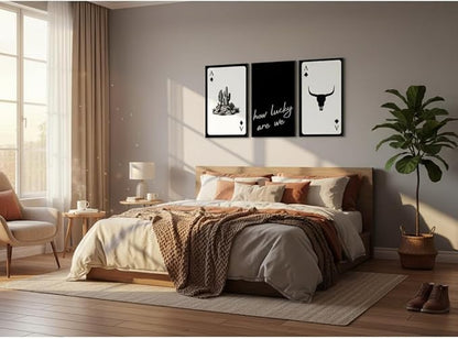 Yxjyzzkx 3-Piece Western Playing Card Wall Art Canvas Set, Black and White Cowboy Aesthetic Wall Decor, Ace of Spades Longhorn Minimalist Quote Canvas Prints for Living Room Bedroom Office