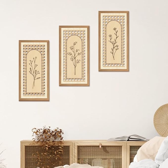 IARTTOP 3 Pcs Boho Arch Wood Wall Art 8x16 Inch Minimalist Hollow Rattan Botanical Floral Wall Decor Rustic Farmhouse Wooden Hanging Decor for Living Room Bedroom Office Home Decor