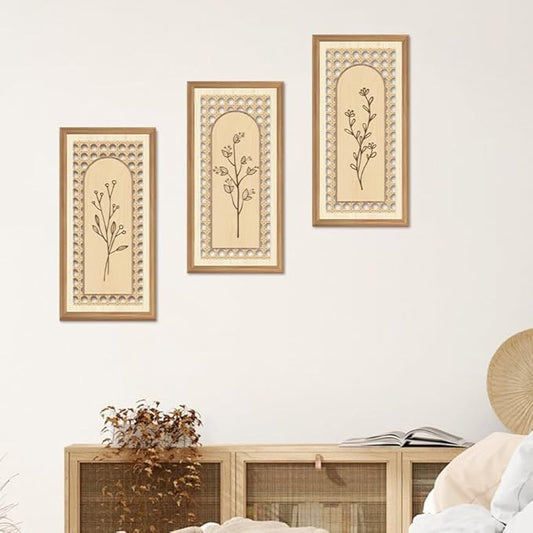 IARTTOP 3 Pcs Boho Arch Wood Wall Art 8x16 Inch Minimalist Hollow Rattan Botanical Floral Wall Decor Rustic Farmhouse Wooden Hanging Decor for Living Room Bedroom Office Home Decor