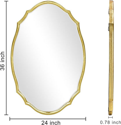 36''x24'' Wood Framed Gold Vintage Mirror, Large Antique Mirrors for Wall, Rustic Thick Frame Polygon Oval Mirror Decor Bathroom Living Room Entryway Stairway Kitchen (Gold)