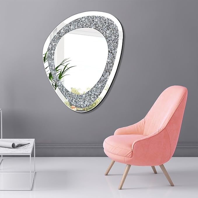 DMDFIRST Modern Irregular Shaped Wall Mirror – 21.6x16 Inch Decorative Oval Diamond Decor Mirror for Living Room, Bedroom, Bathroom, Entryway