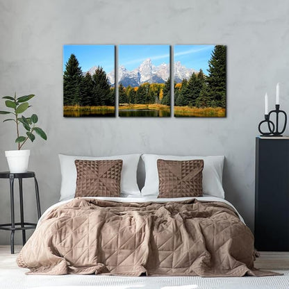 Pacimo 3 Pieces Canvas Art Wall Decor Grand Teton National Park Pictures Natural Landscape Painting Pond Prints on Canvas Modern Artwork Stretched and Framed Ready to Hang - 20"x28"x3 Panels