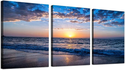 Framed Canvas Wall Art for living room Large Size Office Wall Decor Sunrise blue sea view Wall Pictures Artwork ocean Paintings Ready to Hang for Modern bedroom Home Decoration 16" x 24" 3 Pieces