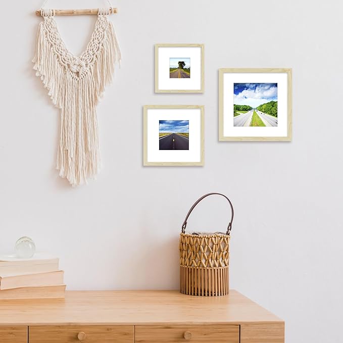 HEART ART 12x12 Natural Wood Picture Frame Set of 9, Display Pictures 8x8 with Mat or 12 x 12 without Mat, Multi Collage Gallery Square Photo Frames for Wall