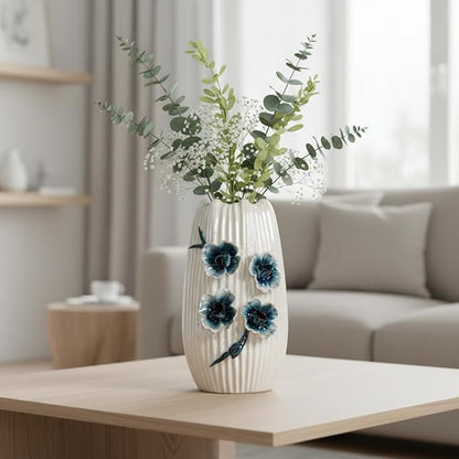 White Flower Vase - Boho Ceramic Vase for Living Room, Modern Decorative Vases Home Decor, Bathroom,Table Centerpiece, Bookshelf, Valentines Table Decor