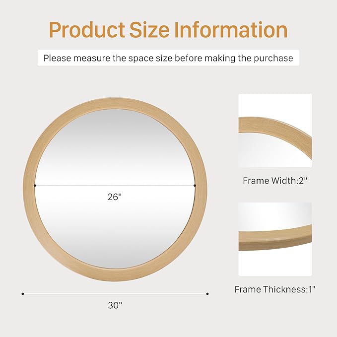 CULER Round Mirror 30 Inch,Natural Vanity Wall Rustic Mirrors,Circle Tempered Glass Mirror for Bathroom Bedroom Living Room or Entryway