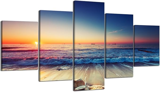 5 Piece Painting on Canvas Wall Art for Living Room Prints and Posters Sunset Beach Sea Waves Landscape Artwork Pictures for Home Decorations Wall Decor Set Framed Ready to Hang (60’’W x 32’’H)