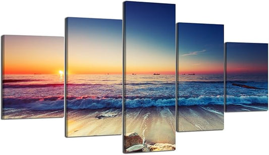 5 Piece Painting on Canvas Wall Art for Living Room Prints and Posters Sunset Beach Sea Waves Landscape Artwork Pictures for Home Decorations Wall Decor Set Framed Ready to Hang (60’’W x 32’’H)
