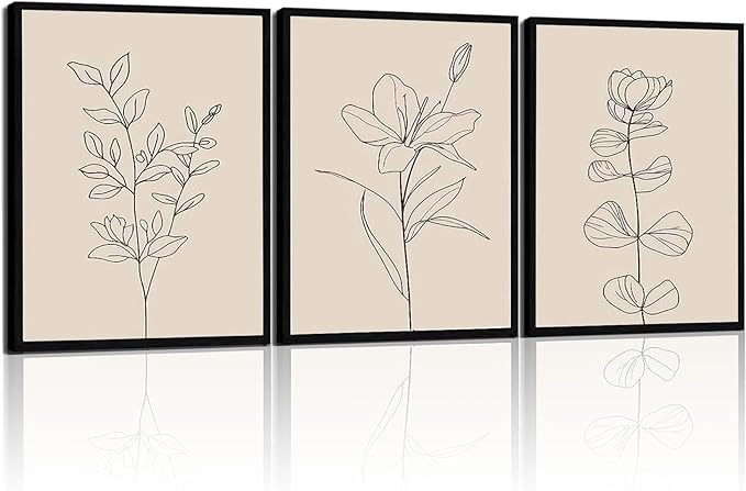 CHTEXA Minimalist Botanical Wall Art Set Of 3 Framed Canvas Prints Neutral Beige Plant Line Art Decor For Living Room Bedroom Bathroom Office 12x16 Inch