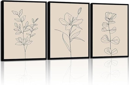CHTEXA Minimalist Botanical Wall Art Set Of 3 Framed Canvas Prints Neutral Beige Plant Line Art Decor For Living Room Bedroom Bathroom Office 16x24 Inch