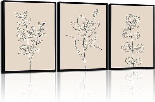 CHTEXA Minimalist Botanical Wall Art Set Of 3 Framed Canvas Prints Neutral Beige Plant Line Art Decor For Living Room Bedroom Bathroom Office 16x24 Inch