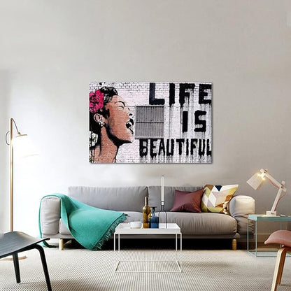 Large Banksy Street Graffiti Women Wall Art Life is Beautiful Graffiti Pop Art Posters Canvas Paintings Artwork for Home Office Decoration Stretched and Framed Ready to Hang - 44"W x 28"H