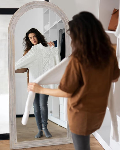 Full Length Mirror, 71"x32" Wooden Mirror Full Length with Stand Wood Floor Mirror, Oversized Stand Up Mirrors Large Wall Mirrors, Wall Mounted Mirrors, Arched Wood Style, White