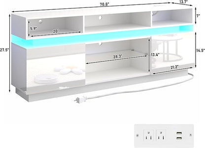 chartustriable LED TV Stand for 80 Inch TV, Modern Tall Entertainment Center with Power Outlets, High Gloss TV Stand, Gaming TV Media Console with Glass Shelf for Living Room, 71 Inch, White