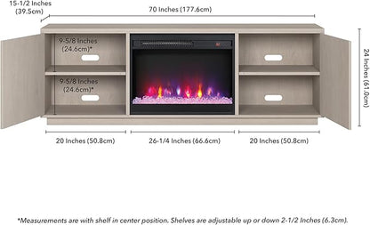 Henn&Hart Fluted TV Stand for TVs up to 75" with 26" Electric Crystal Rocks Fireplace and Ribbed Side Storage Cabinets for Living Room, Family Room, or Office, Beech White