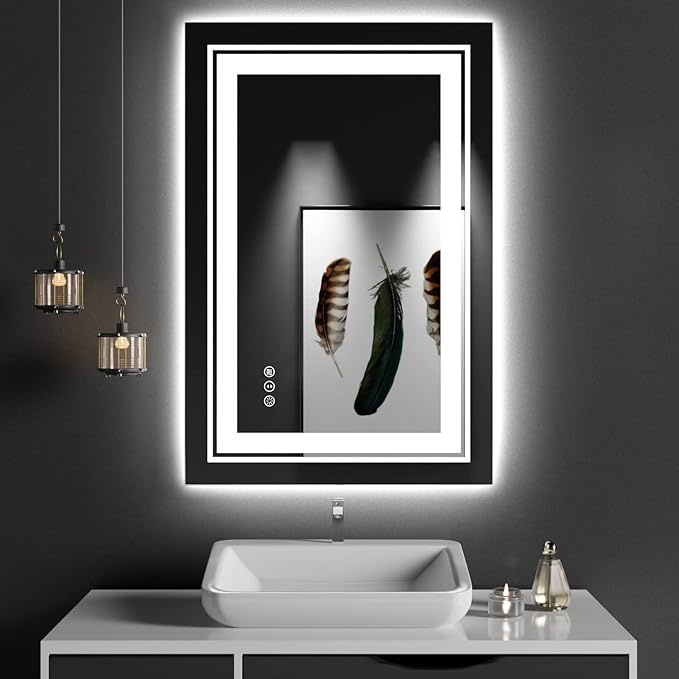 Snowdool 23x35 LED Bathroom Mirror with Front and Backlight, Dimmable Lighted Bathroom Vanity Mirror with Anti-Fog, Memory Function,Tempered Glass(Horizontal/Vertical)