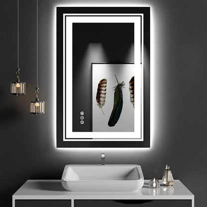 Snowdool 23x35 LED Bathroom Mirror with Front and Backlight, Dimmable Lighted Bathroom Vanity Mirror with Anti-Fog, Memory Function,Tempered Glass(Horizontal/Vertical)