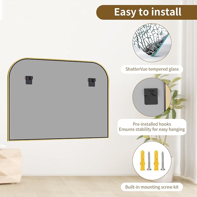 Gold Arched Top Wall Mounted Mirror - 48 x 30 Inch Round Cruved Top Bathroom Vanity Mirror, Aluminum Metal Framed, Home Decor for Living Room, Bedroom, Fireplace, Mantle, Entryway