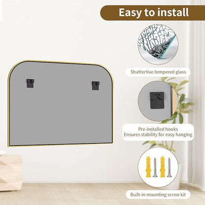 Gold Arched Top Wall Mounted Mirror - 48 x 30 Inch Round Cruved Top Bathroom Vanity Mirror, Aluminum Metal Framed, Home Decor for Living Room, Bedroom, Fireplace, Mantle, Entryway